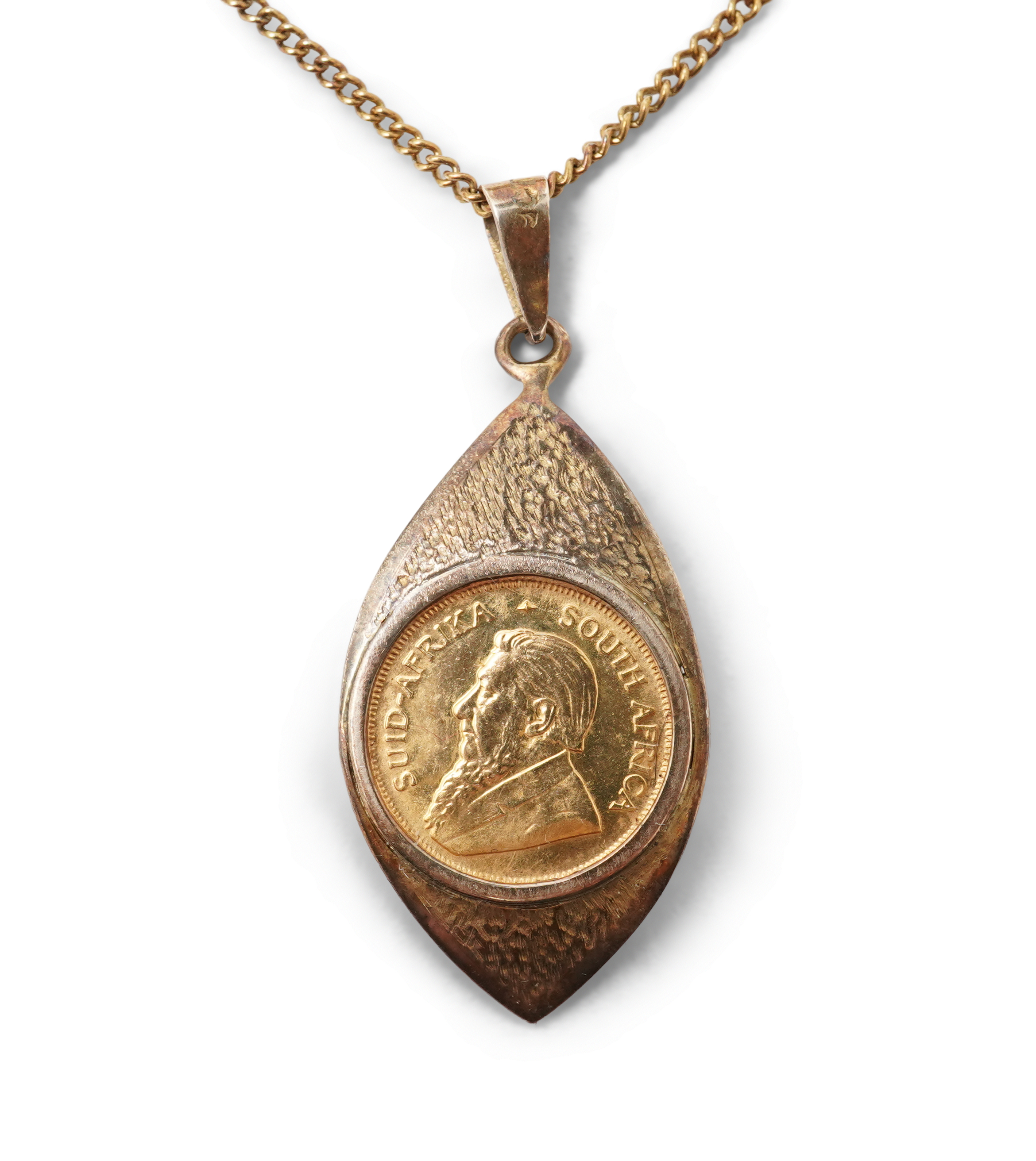 A gold 1/10 Krugerrand coin necklace, circa 1988 and later